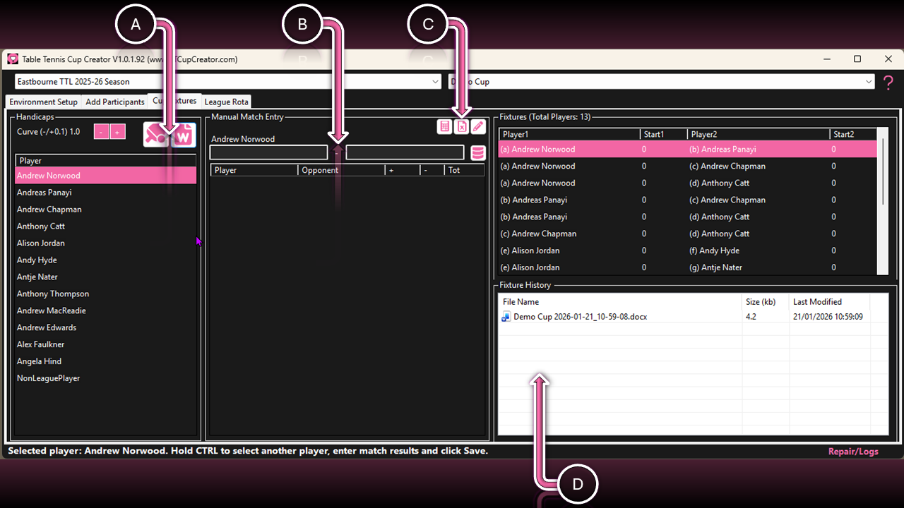 Fixtures screen in TT Cup Creator