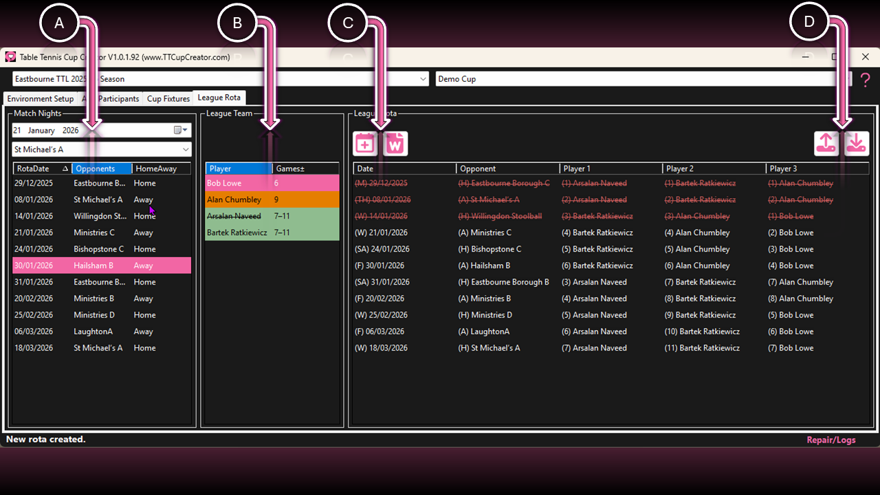 League rota scheduling screen in TT Cup Creator showing dates, opponents and player availability